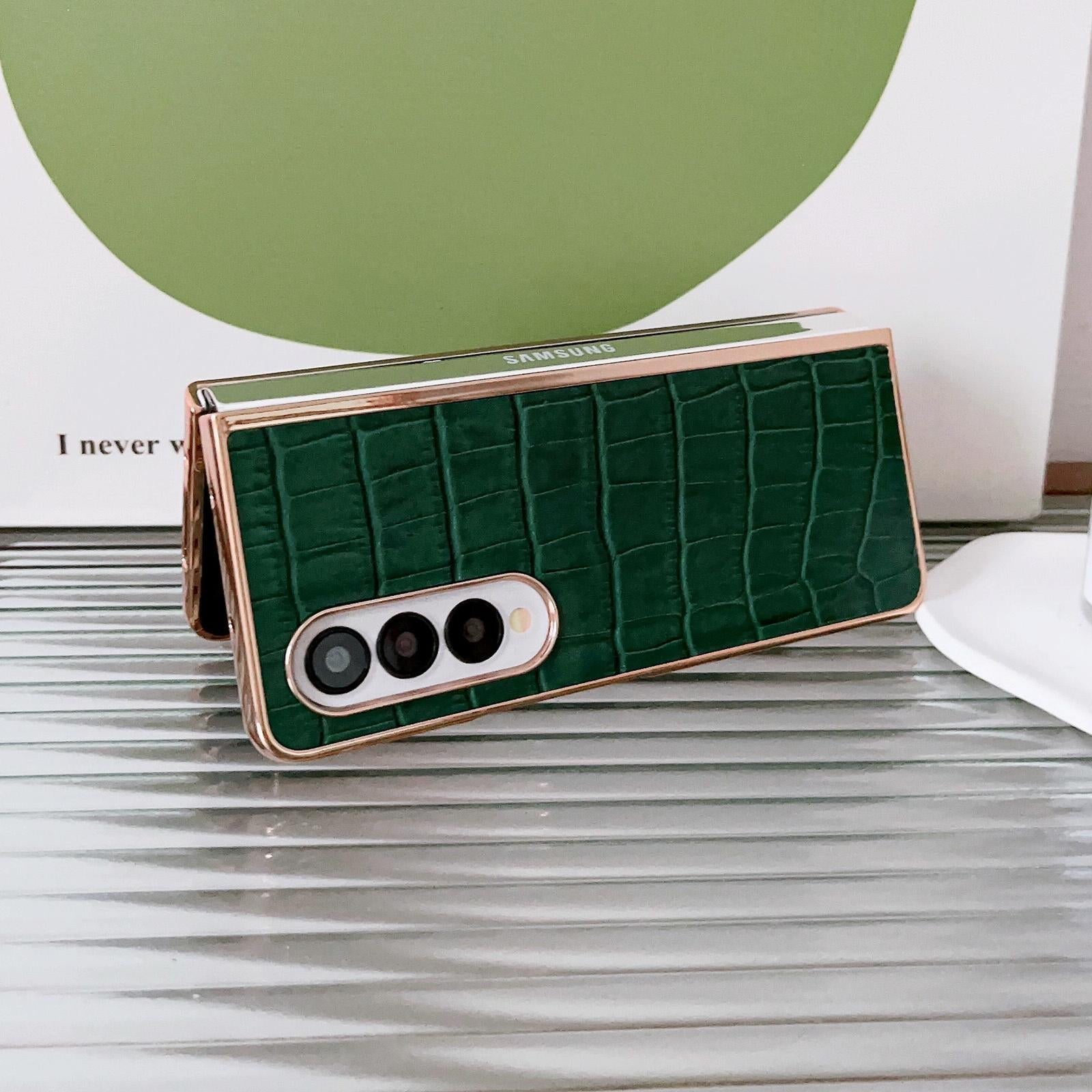For Samsung Galaxy Z Fold4 5G Crocodile Leather Phone Case - Electroplated - Dark Green 5