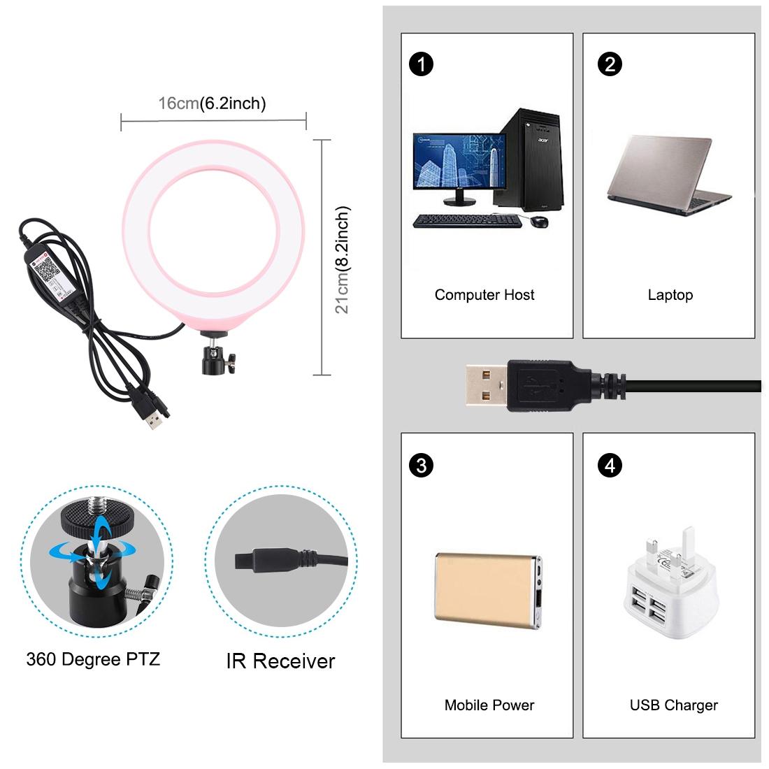 Dimmable 6.2 Usb Rgbw Led Ring Light with Cold Shoe Tripod & Remote - Black 6