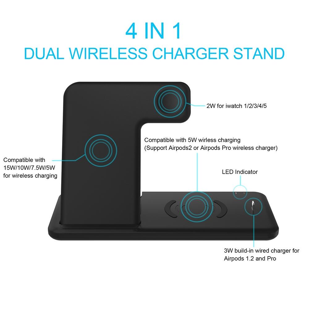 4 In 1 Wireless Charger Stand For Iphone Apple Watch Airpods Dual Phone Charging Black 3