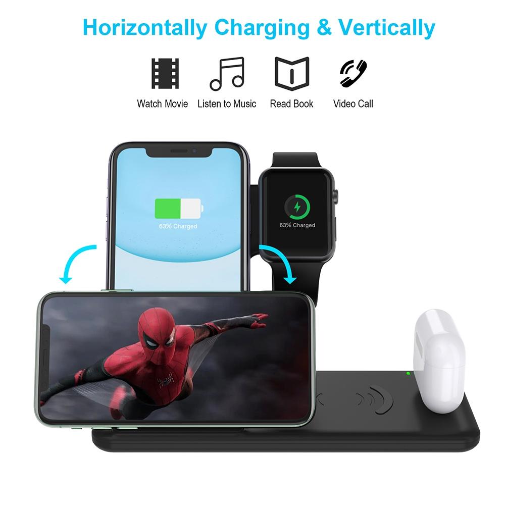 4 In 1 Wireless Charger Stand For Iphone Apple Watch Airpods Dual Phone Charging Black 4
