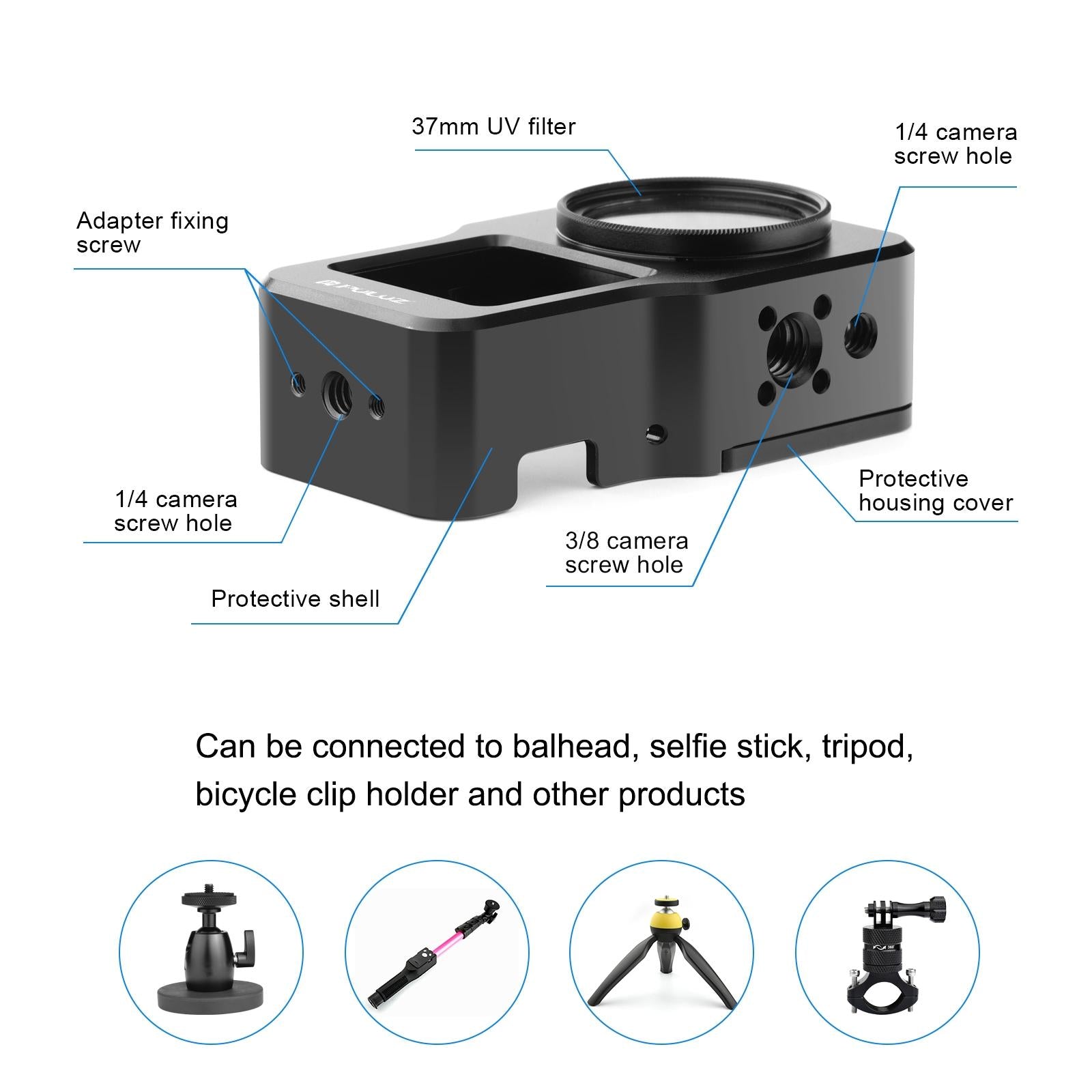 Aluminum Cage for Dji Action 2 - Cnc Alloy - Black 4