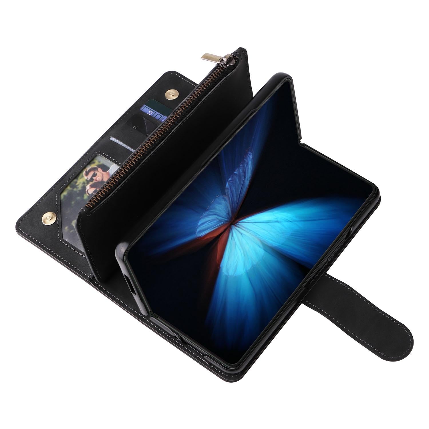 For Samsung Galaxy Z Fold4 5G Frosted Leather Zip Wallet - Compact And Stylish - Blue 15