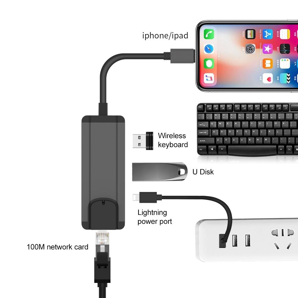 8Pin To Rj45 Usb 2.0 Hub Adapter - Black 10