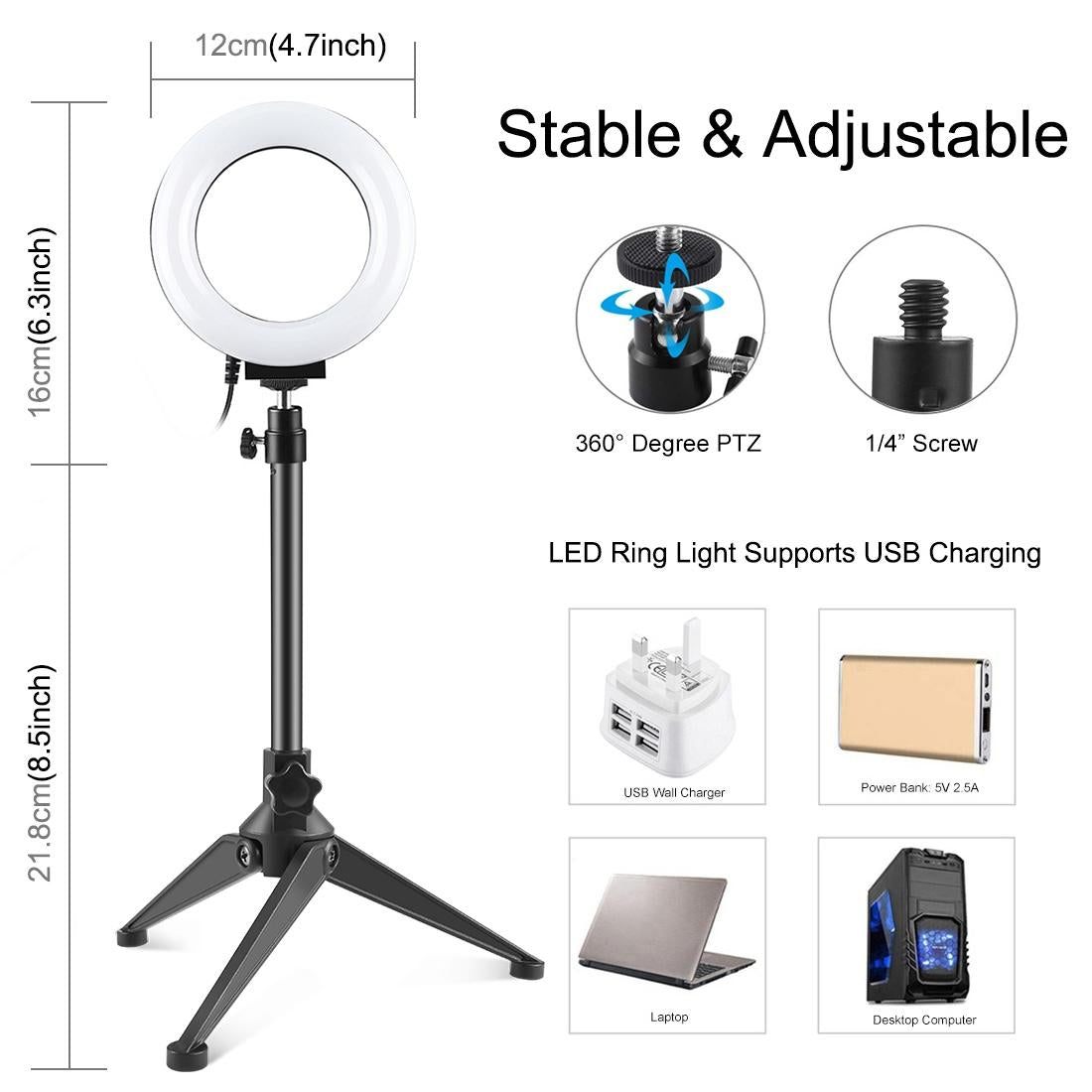 10 Mode Usb Led Ring Light with Tripod Mount and Cold Shoe Ball Head - 4.7 Inch Diameter 5