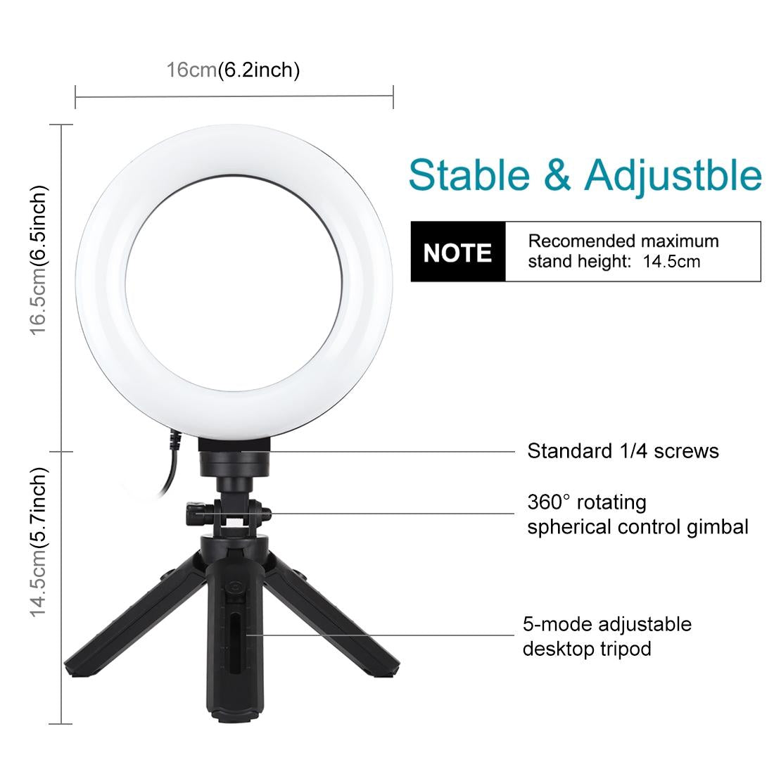 6.2 Led Ring Light with Usb 3 Modes Dimmable Vlogging Photography Video Pocket Tripod Mount Cold Shoe Ball Head Black 5