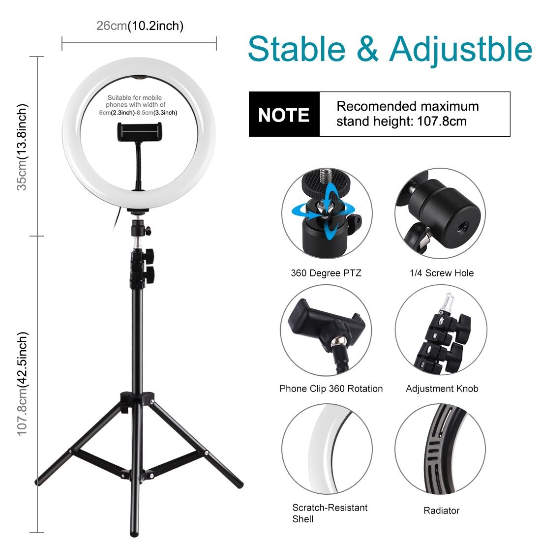 10.2 Ring Light with Tripod Usb 3 Modes Dual Colour Diffuse Light Phone Clamp with Remote - Black 7