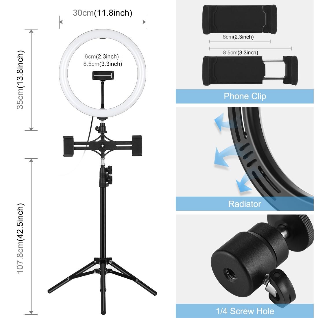 11.8 Led Ring Light Kit with Tripod & Dual Phone Brackets - 3 Modes Dual Colour Temperature Curved Surface Type-c - Black 5