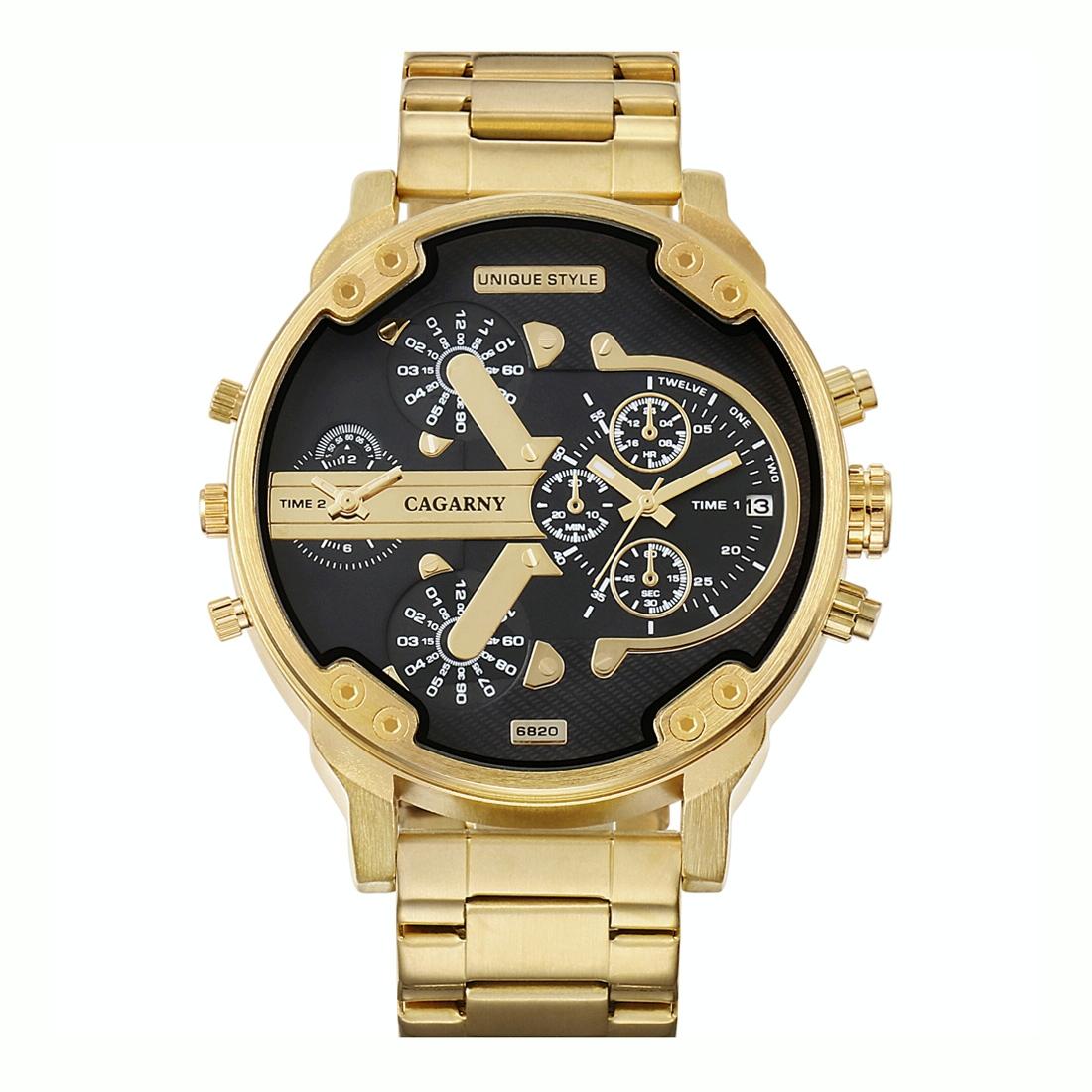 Stylish Dual Movement Men Watch with Large Dial and Stainless Steel Band - Gold / Black - Gold + Black