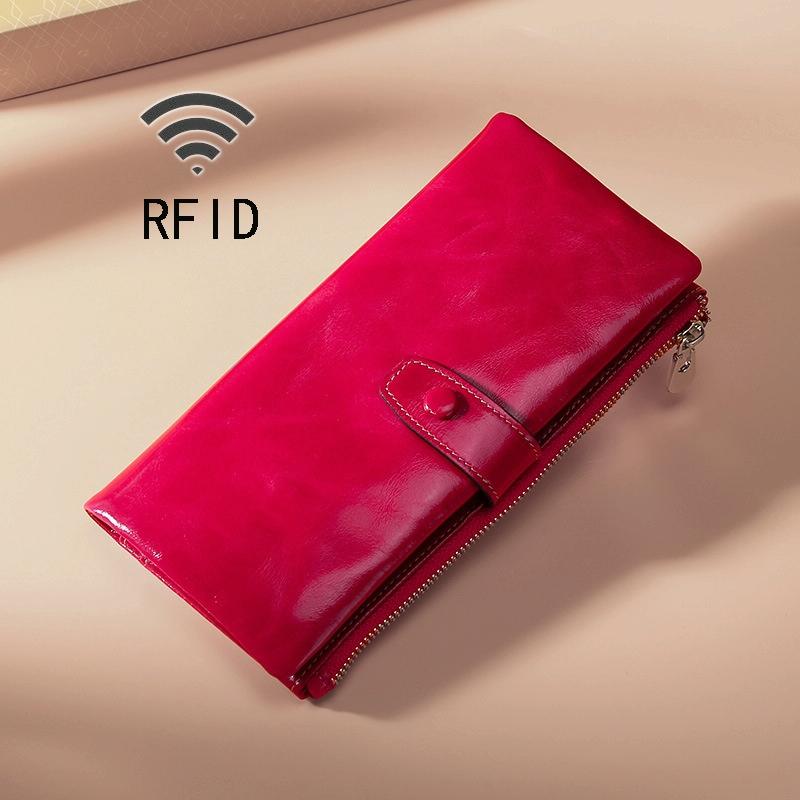 Oilskin Leather Rfid Zip Wallet - Brown - Sapphire Blue 14