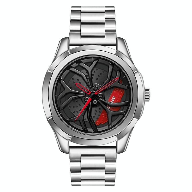 Men Casual Steel Band Quartz Watch - P1065 Wheel Series - Silver Red