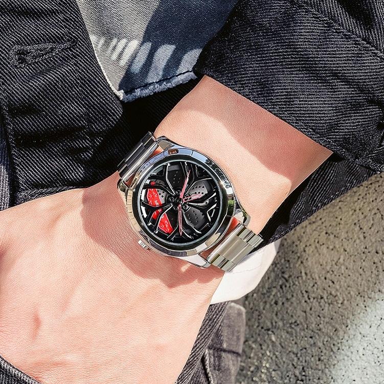 Men Casual Steel Band Quartz Watch - P1065 Wheel Series - Silver Red 14
