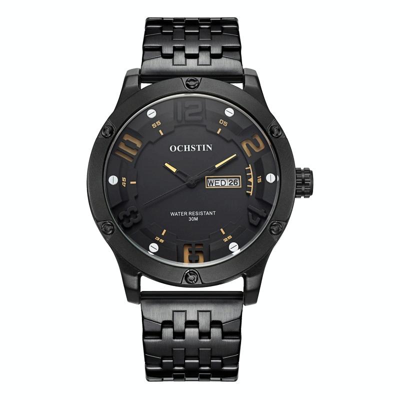 Stylish Day-date Men Quartz Watch with Steel Strap - Black Beige
