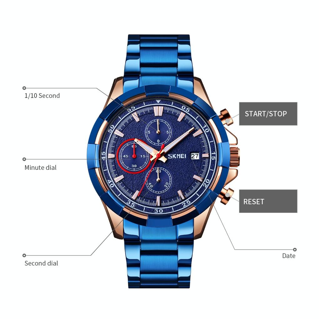 Men Stainless Steel Quartz Watch with Luminous Calendar and Timing - Rose Gold Black 5