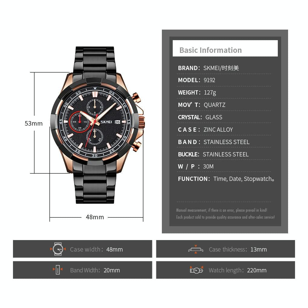 Men Stainless Steel Quartz Watch with Luminous Calendar and Timing - Rose Gold Black 9