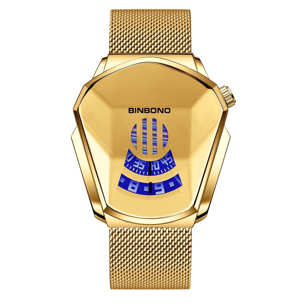 Black Technology Men Watch with Locomotive Concept - Black Net Belt-Black Steel-Blue Face 13
