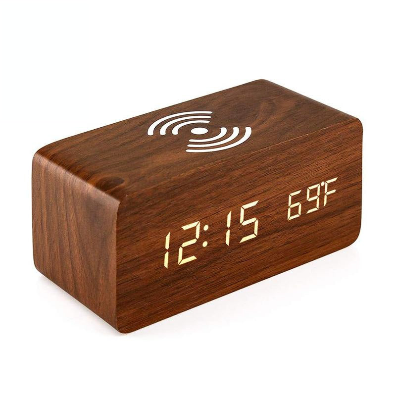 5W Wooden Wireless Charger With Led Mirror Display And Sub Alarm Clock - White Wood 11