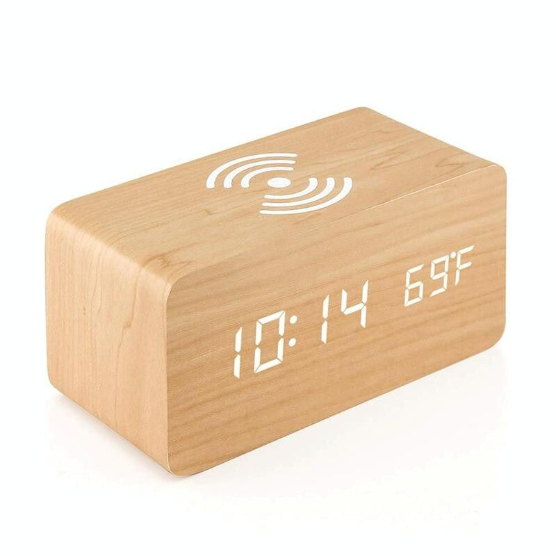 5W Wooden Wireless Charger With Led Mirror Display And Sub Alarm Clock - White Wood 12