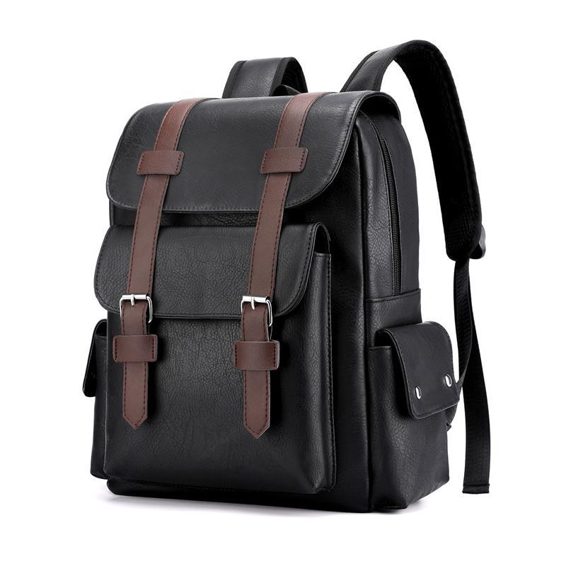 Large Capacity Pu Leather Laptop Backpack For Travel & School - Dark Brown 14