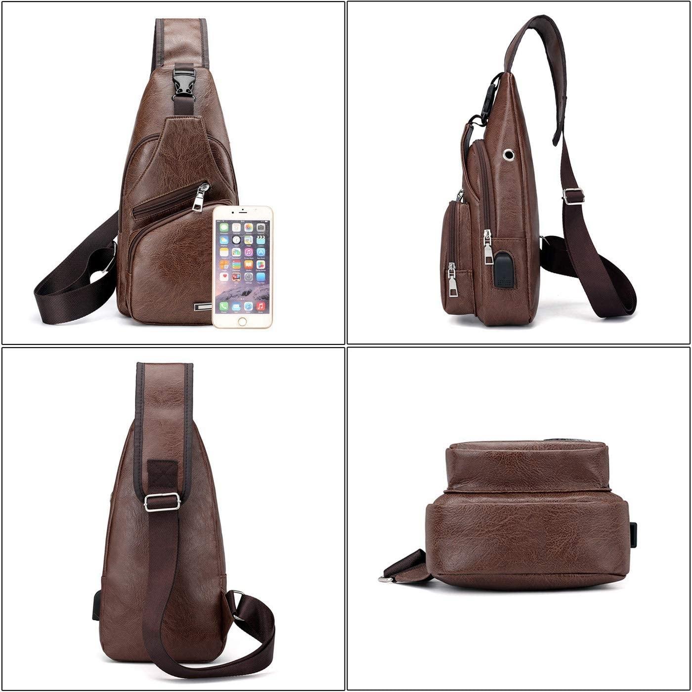 Waterproof Pu Leather Men Chest Bag Usb Port Headphone Hole - Dark Brown 5
