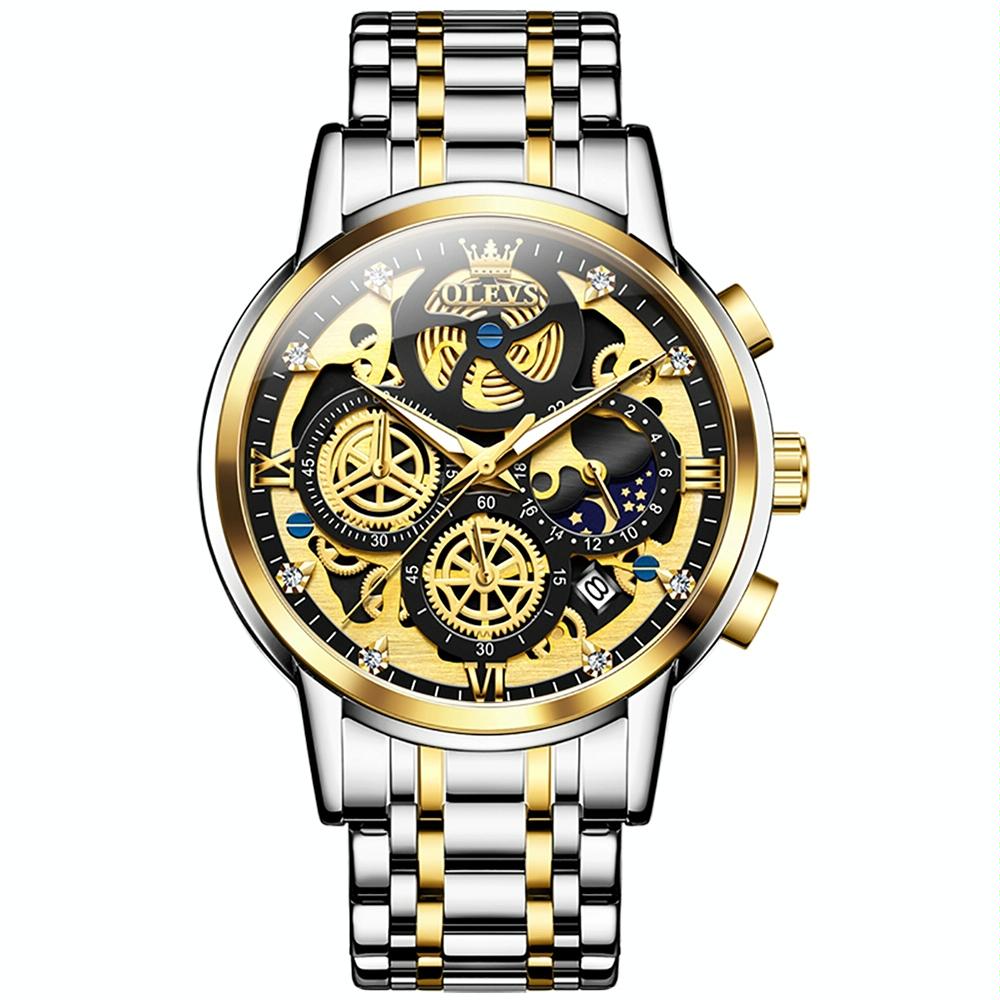 Waterproof Multifunctional Men Quartz Watch - Hollow Design - Black + Gold