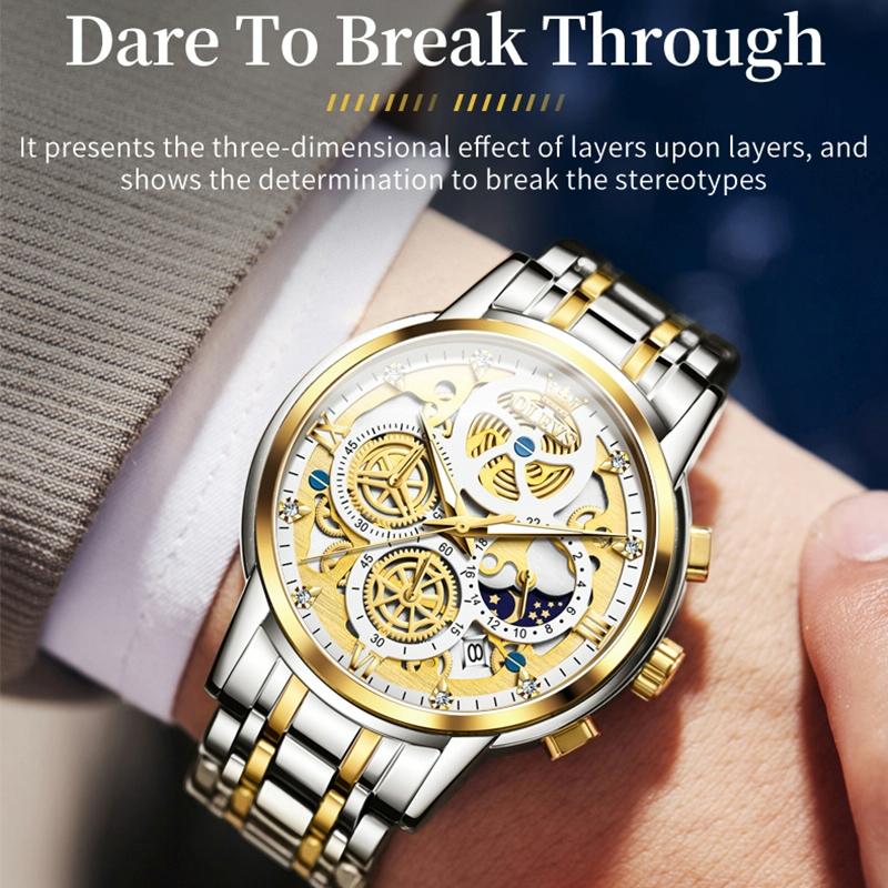 Waterproof Multifunctional Men Quartz Watch - Hollow Design - Black + Gold 5