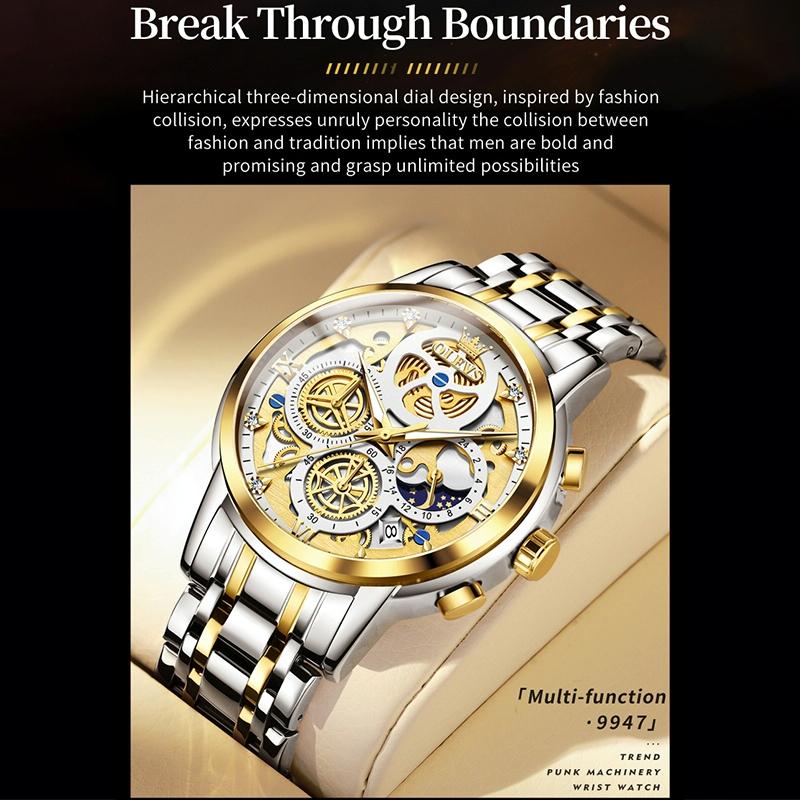 Waterproof Multifunctional Men Quartz Watch - Hollow Design - Black + Gold 6