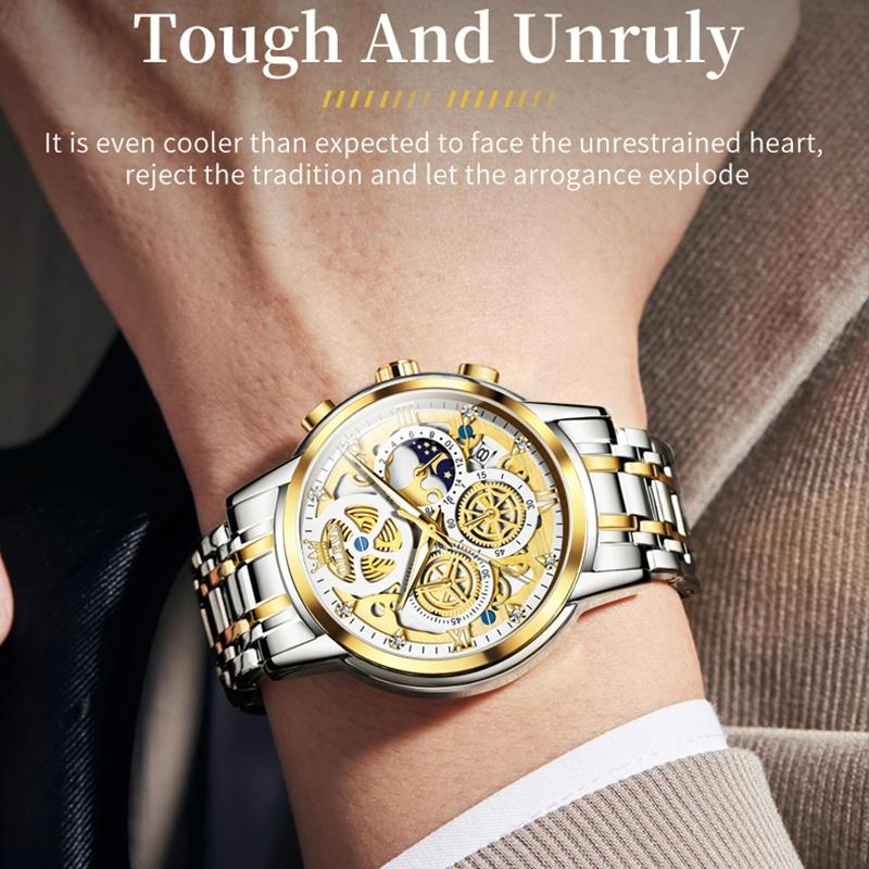 Waterproof Multifunctional Men Quartz Watch - Hollow Design - Black + Gold 7