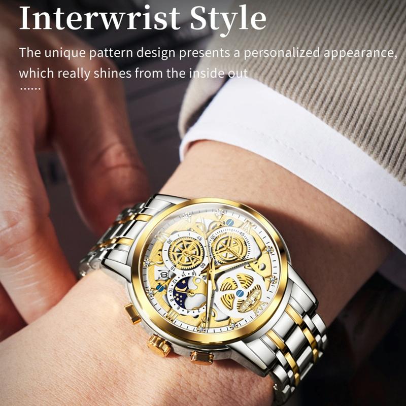 Waterproof Multifunctional Men Quartz Watch - Hollow Design - Black + Gold 8