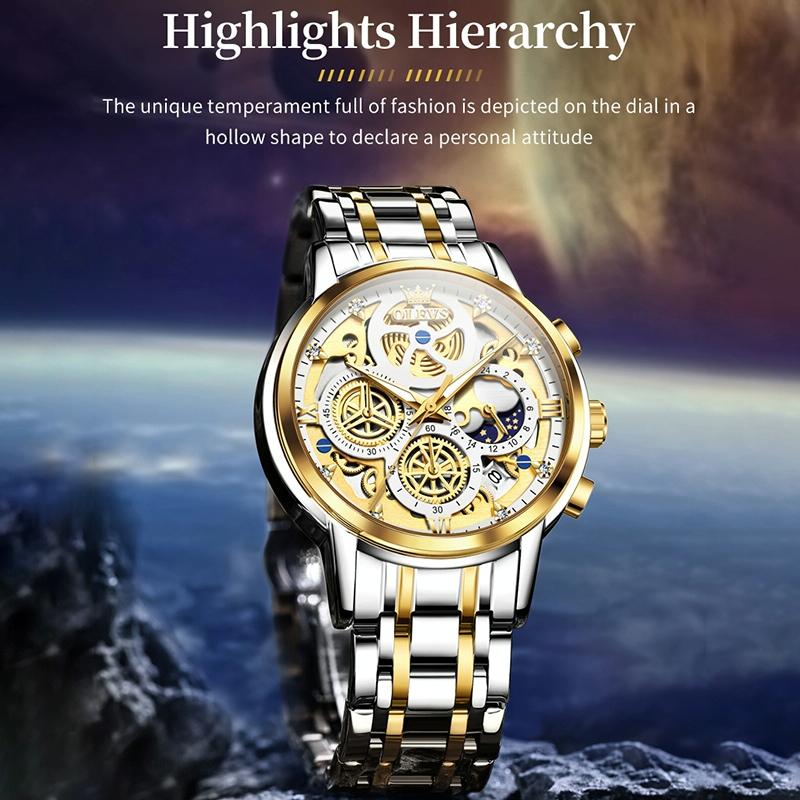 Waterproof Multifunctional Men Quartz Watch - Hollow Design - Black + Gold 9