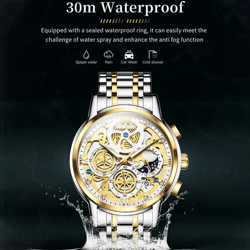 Waterproof Multifunctional Men Quartz Watch - Hollow Design - Black + Gold 10