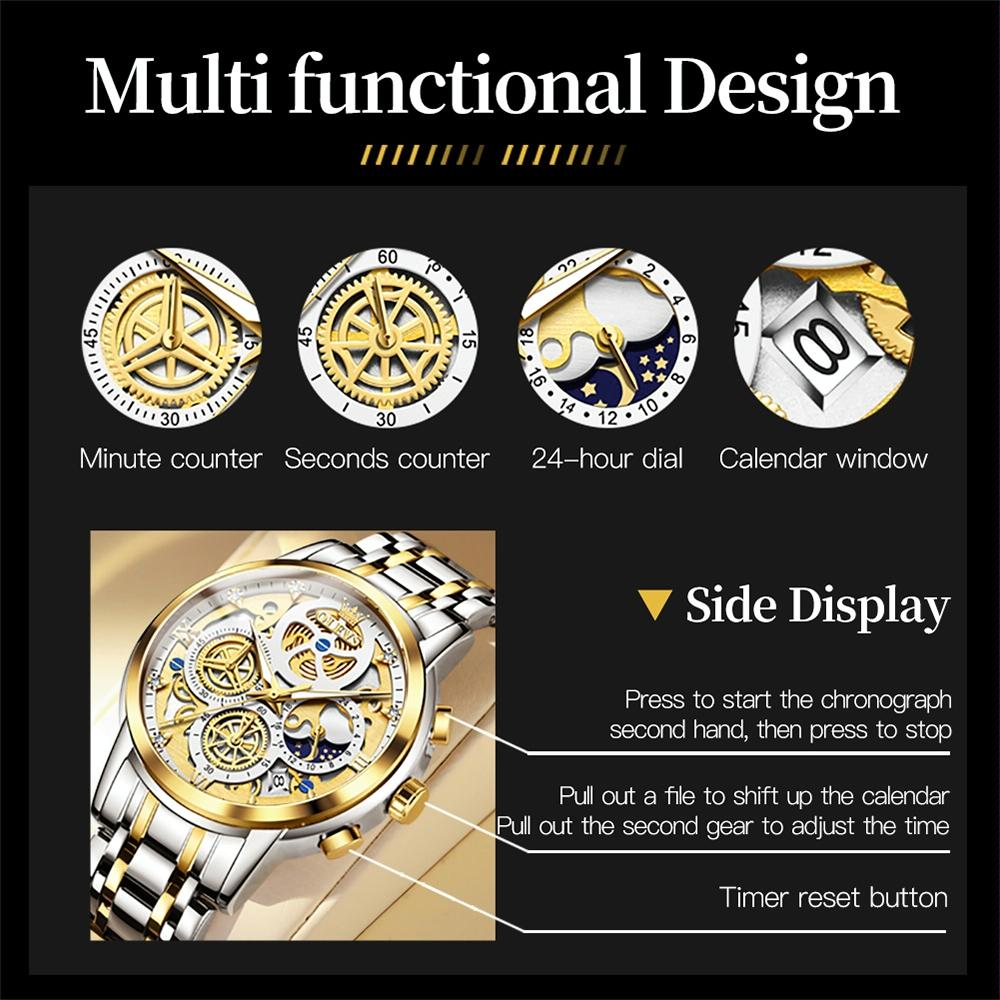 Waterproof Multifunctional Men Quartz Watch - Hollow Design - Black + Gold 12