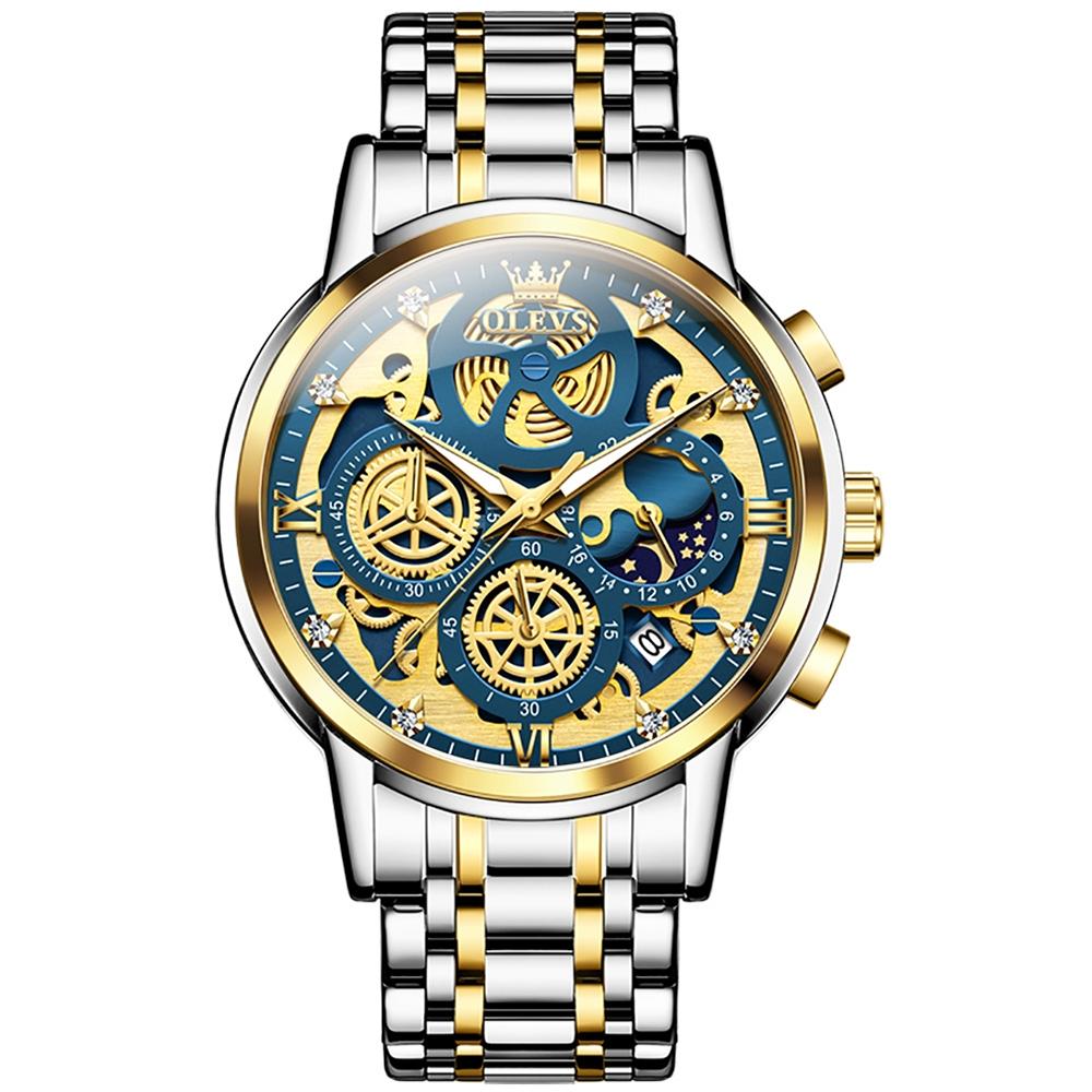 Waterproof Multifunctional Men Quartz Watch - Hollow Design - Black + Gold 13