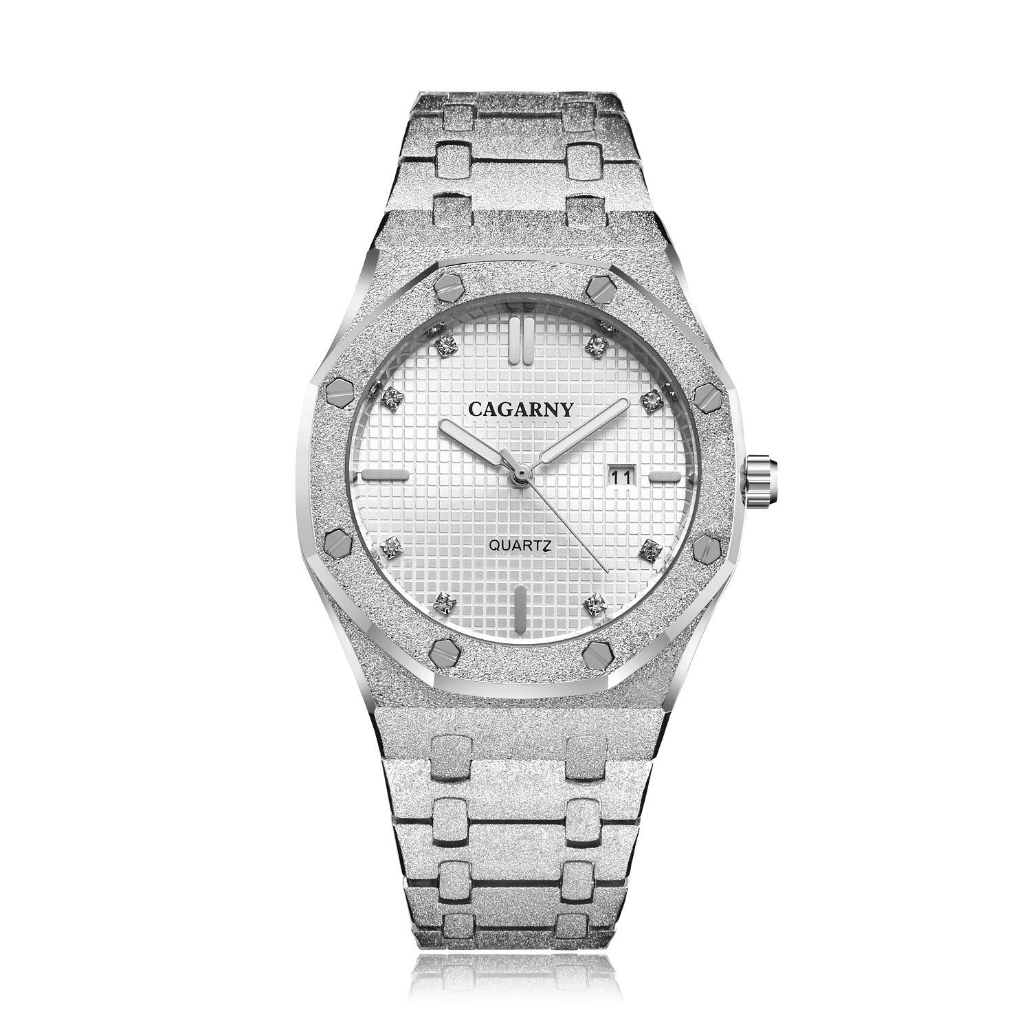 Men Quartz Steel Watch with Simple Stone Surface - Silver Shell White Surface 8