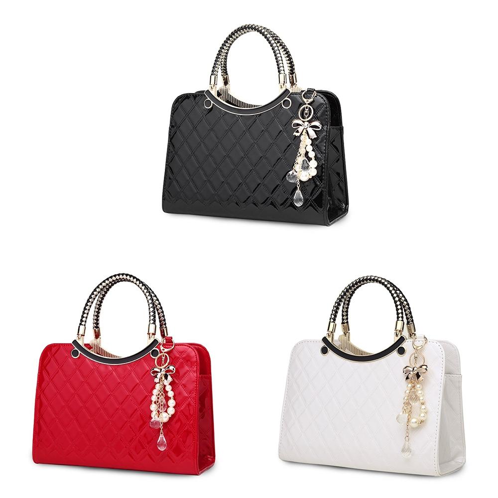 Diamond Pattern Leather Handbag with Hanging Ornaments - Women - White 3