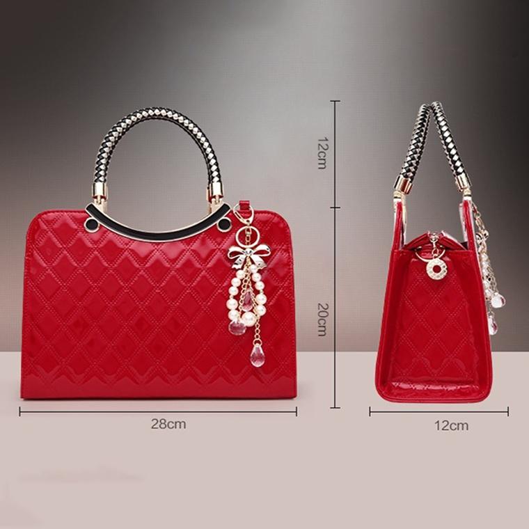 Diamond Pattern Leather Handbag with Hanging Ornaments - Women - White 6