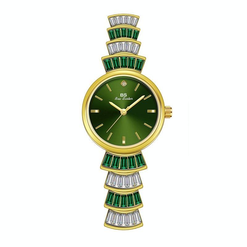 Women Diamond Symphony Wrist Watch with Inlaid Diamonds - Golden Green