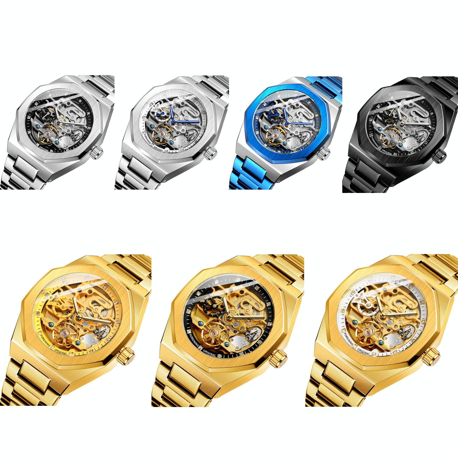 Men Automatic Mechanical Watch with Luminous Dial and Steel Band - Gold Belt Gold Face 3