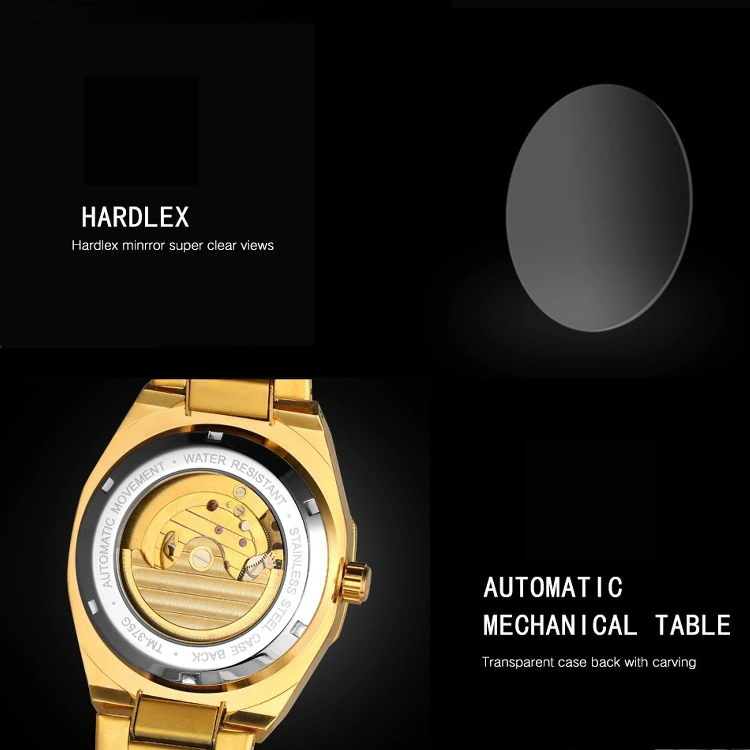 Men Automatic Mechanical Watch with Luminous Dial and Steel Band - Gold Belt Gold Face 7