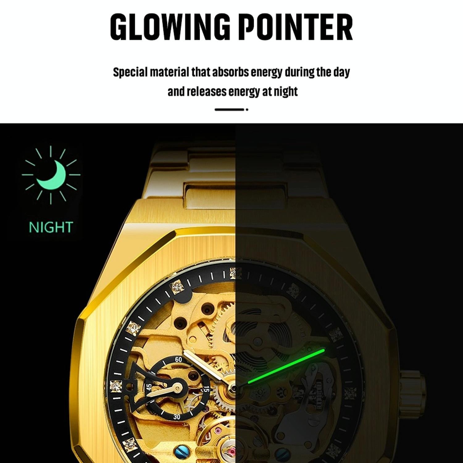 Men Automatic Mechanical Watch with Luminous Dial and Steel Band - Gold Belt Gold Face 8
