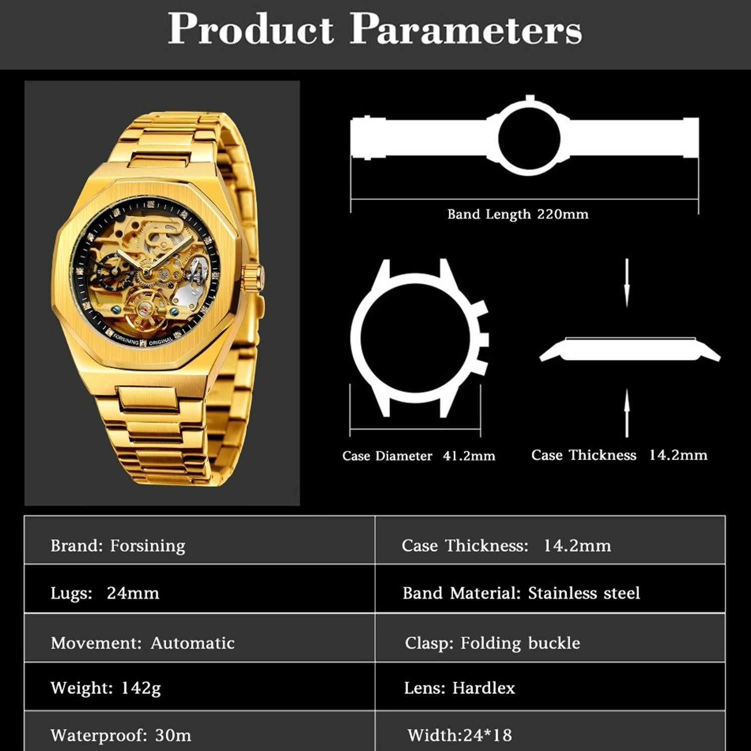 Men Automatic Mechanical Watch with Luminous Dial and Steel Band - Gold Belt Gold Face 10