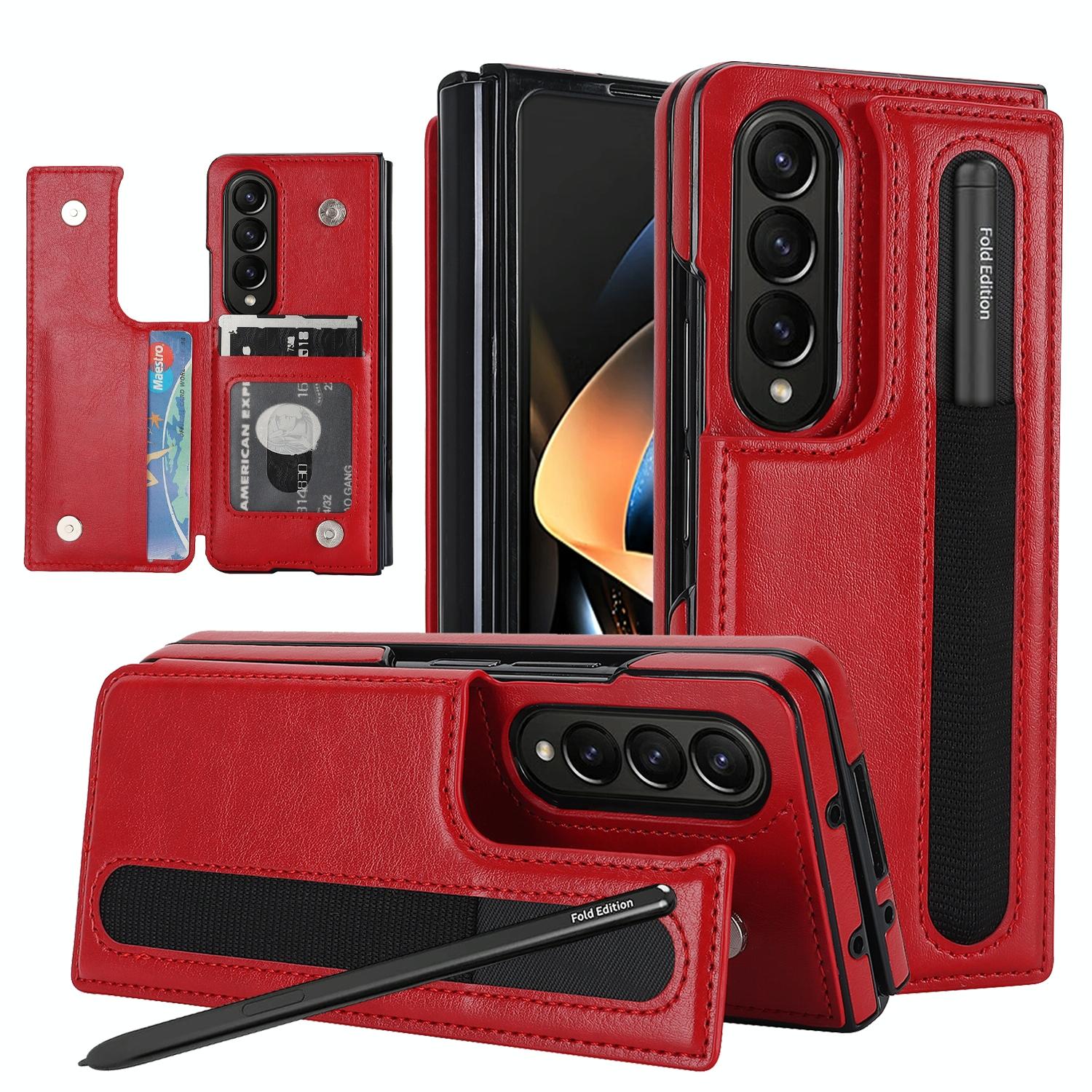 For Samsung Galaxy Z Fold4 5G Double Buckle Foldable Phone Case With Pen Slot - Red