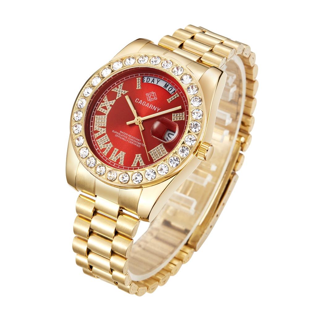 Men Quartz Watch with Diamond-encrusted Roman Numeral Dial - Gold Shell Black Dial 6