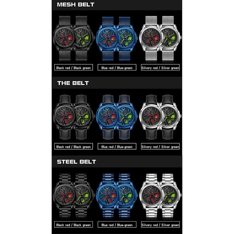 Men Steel Belt Quartz Watch with 3d Hollow out Wheel Design - Blue Red 3