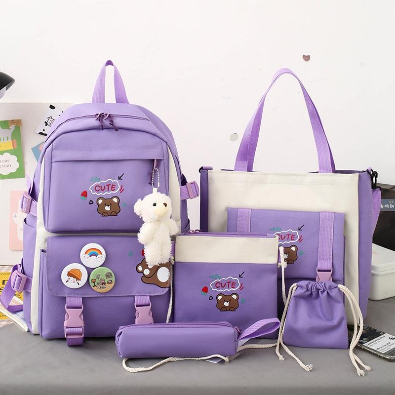 Adorable 5-piece Girls Backpack Set with Bear Design - Dark Purple 10
