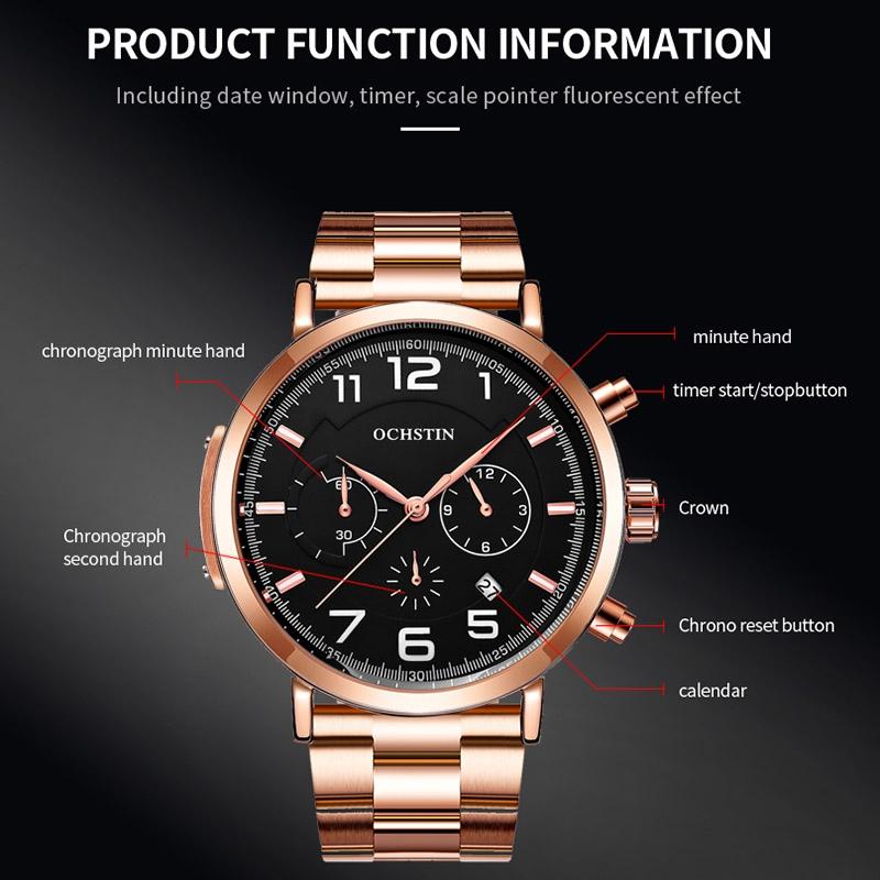 Men Multifunction Steel Quartz Watch with Steel Strap - Rose Gold White