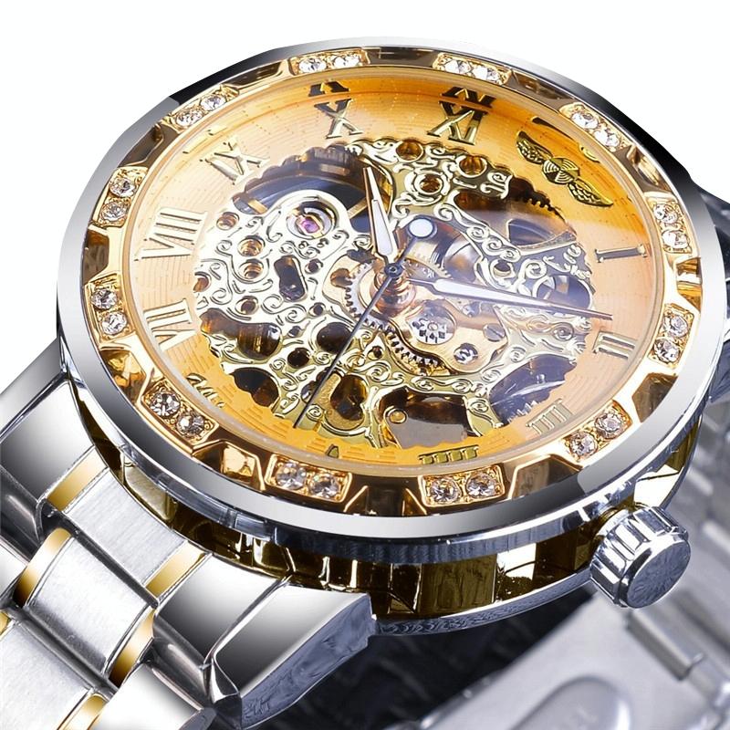 Men Skeleton Diamond Mechanical Watch - Luminous Pointer - Silver Belt Silver Shell White Face 12