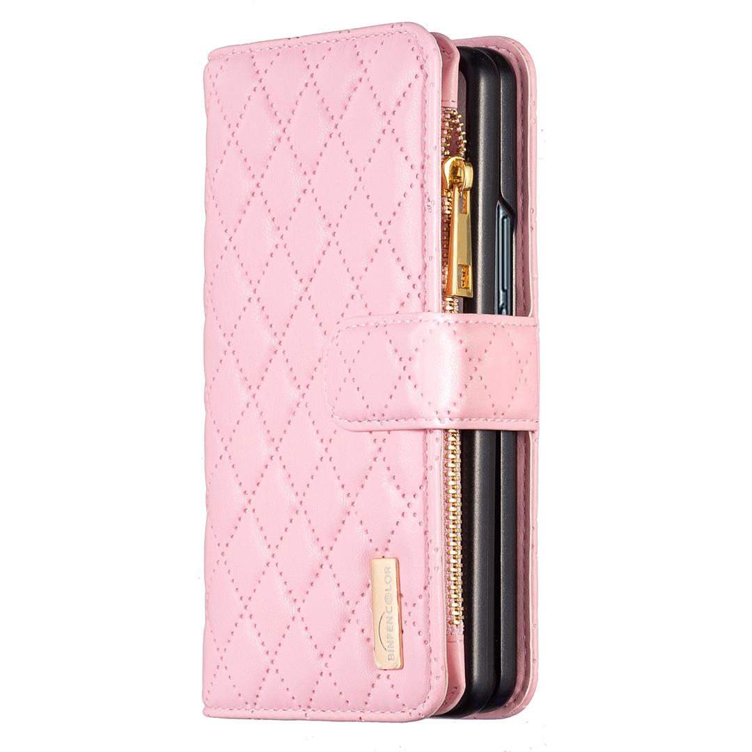 For Samsung Galaxy Z Fold4 5G Leather Zip Wallet - Diamond Lattice Design - Pink 3