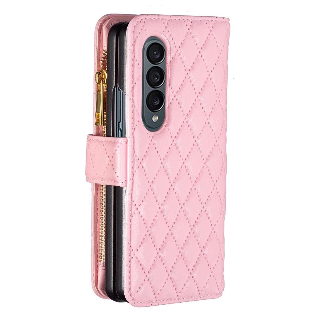 For Samsung Galaxy Z Fold4 5G Leather Zip Wallet - Diamond Lattice Design - Pink 4