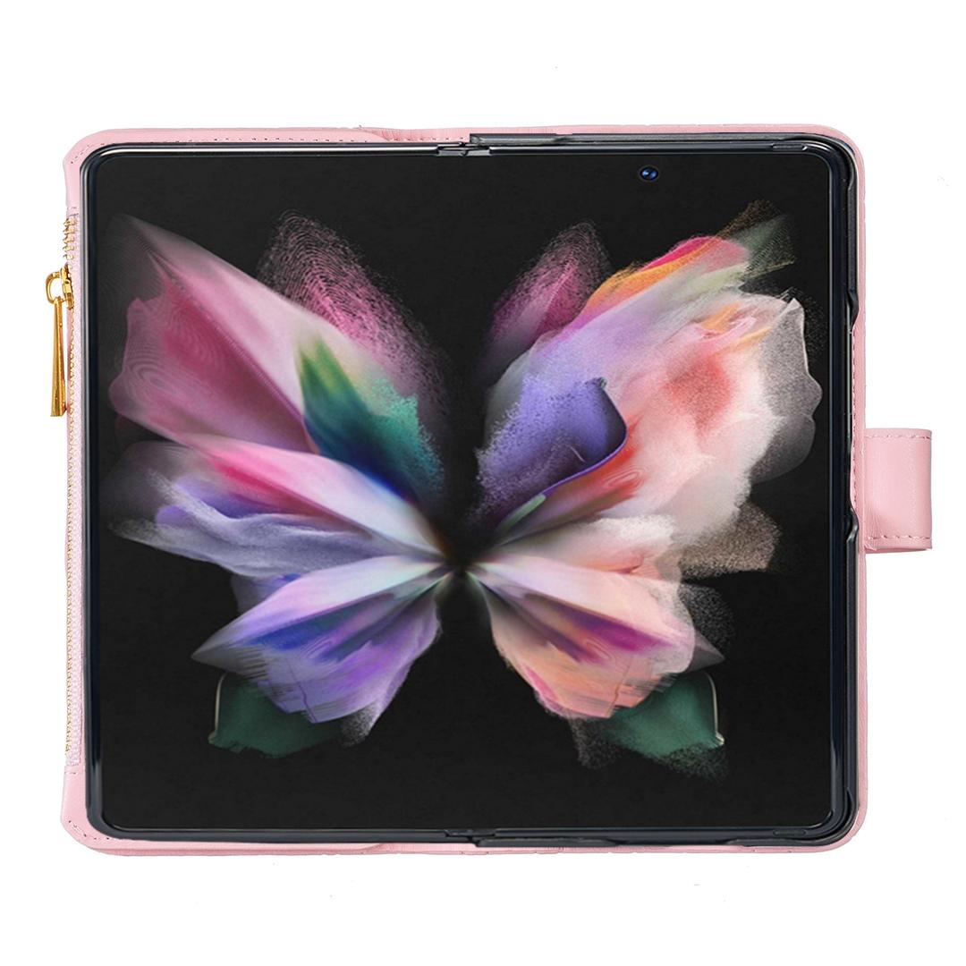 For Samsung Galaxy Z Fold4 5G Leather Zip Wallet - Diamond Lattice Design - Pink 6