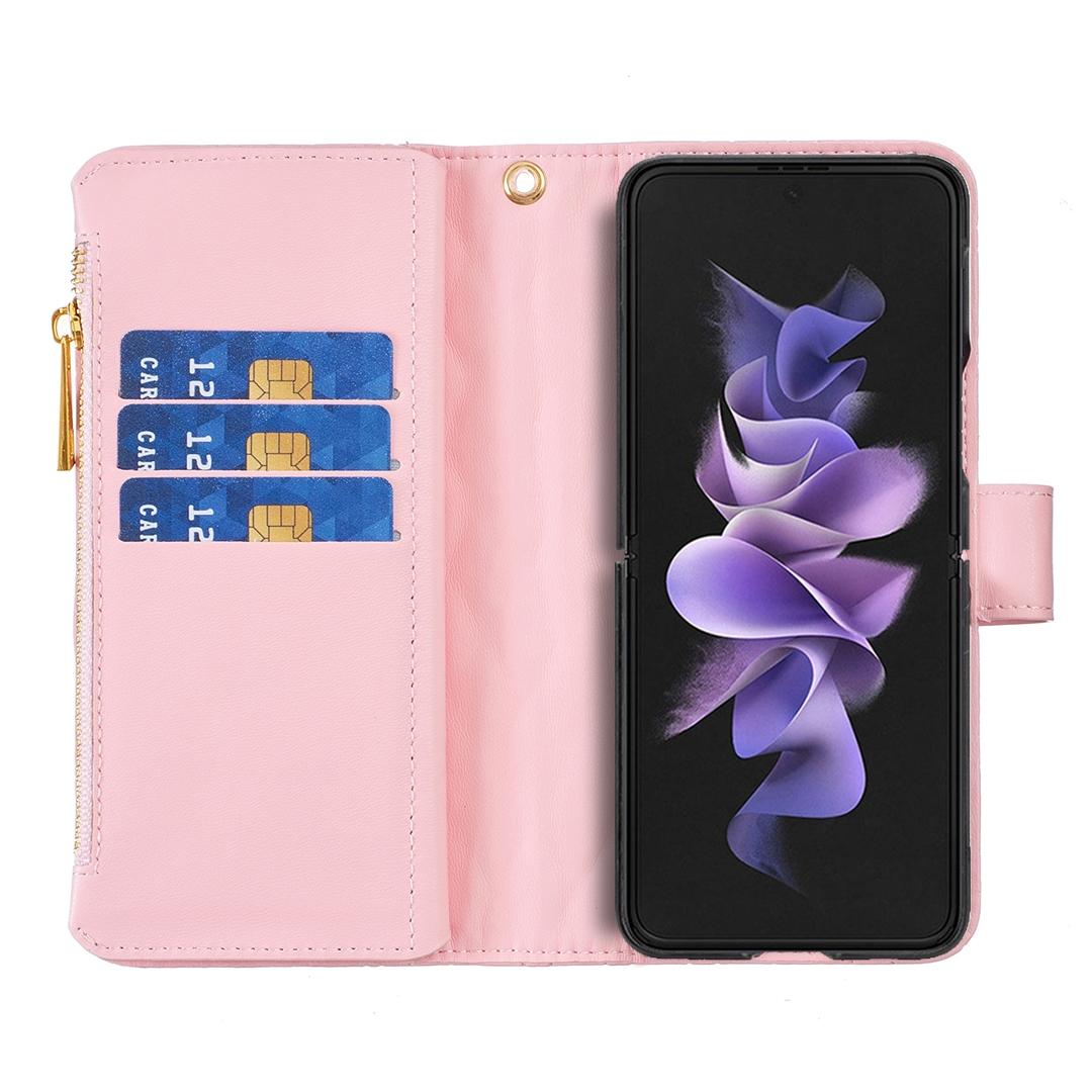 For Samsung Galaxy Z Fold4 5G Leather Zip Wallet - Diamond Lattice Design - Pink 7